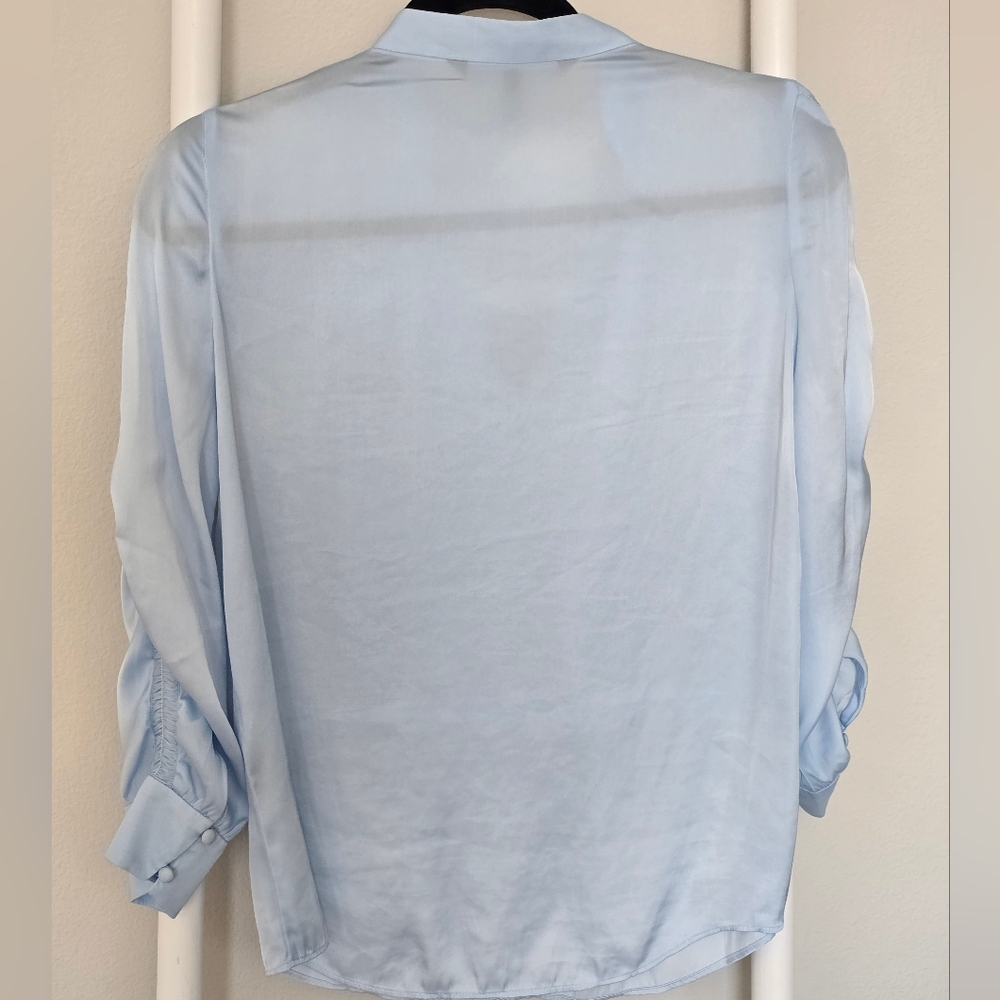 White House Black Market Light Blue Blouse With Rouched Sleeves - Picture 5 of 8